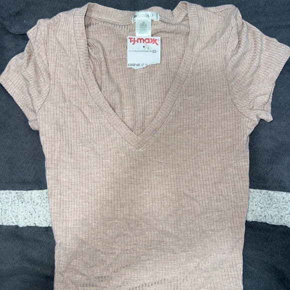 Bozzolo Tops - Bozzolo Tan Ribbed Fitted Short Sleeve T-Shirt